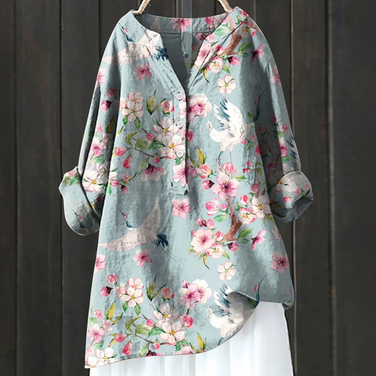 Blouse Artistique Motif Fleuri | Coupe Ample Manches Retroussables | Ligne Zen