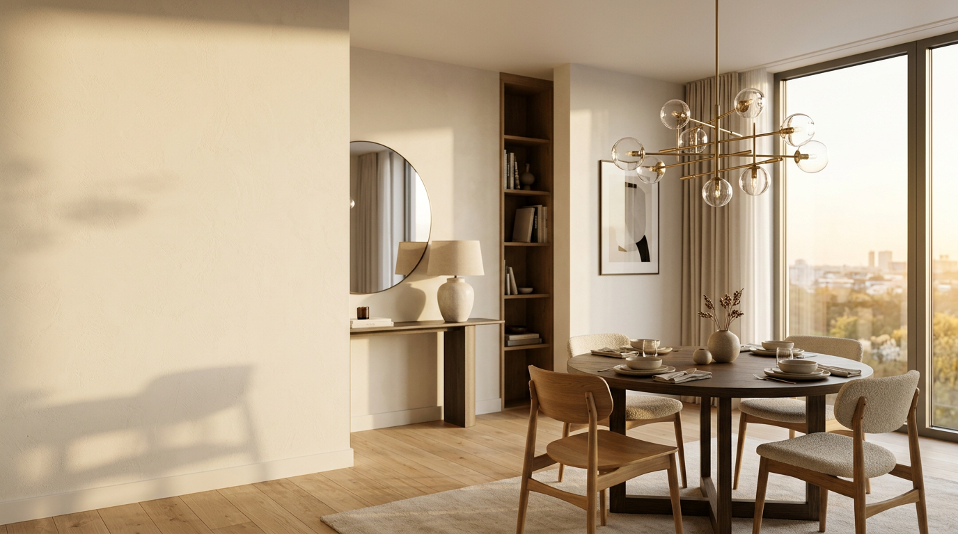 Suspension luminaire au-dessus d'un salon chaleureux, banniere hero Seryze deco