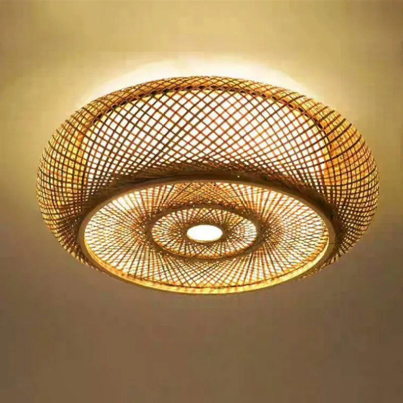 Lampe de Plafond Bambou Naturel Rotin Tissé | LED Compatible | 110-240V