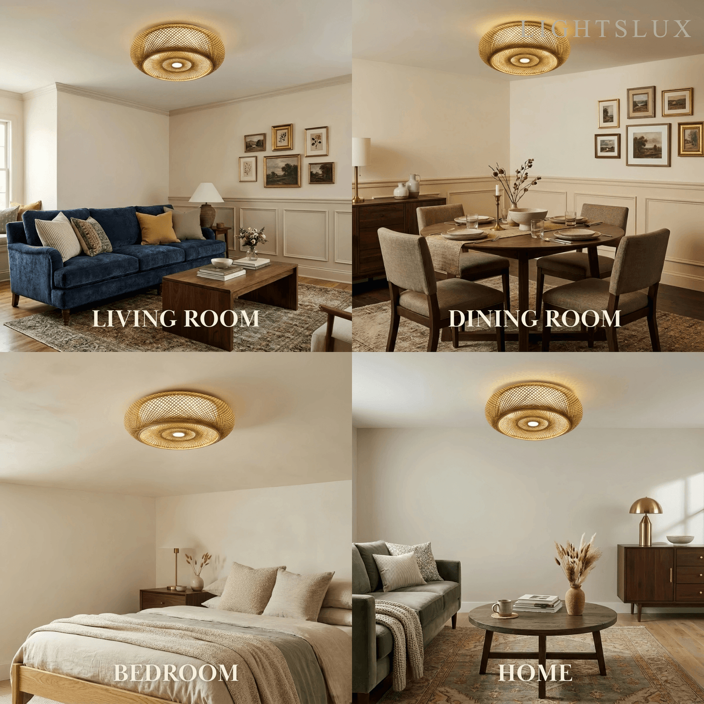Lampe de Plafond Bambou Naturel Rotin Tissé | LED Compatible | 110-240V