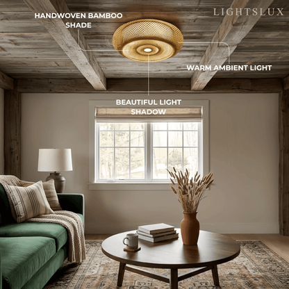 Lampe de Plafond Bambou Naturel Rotin Tissé | LED Compatible | 110-240V