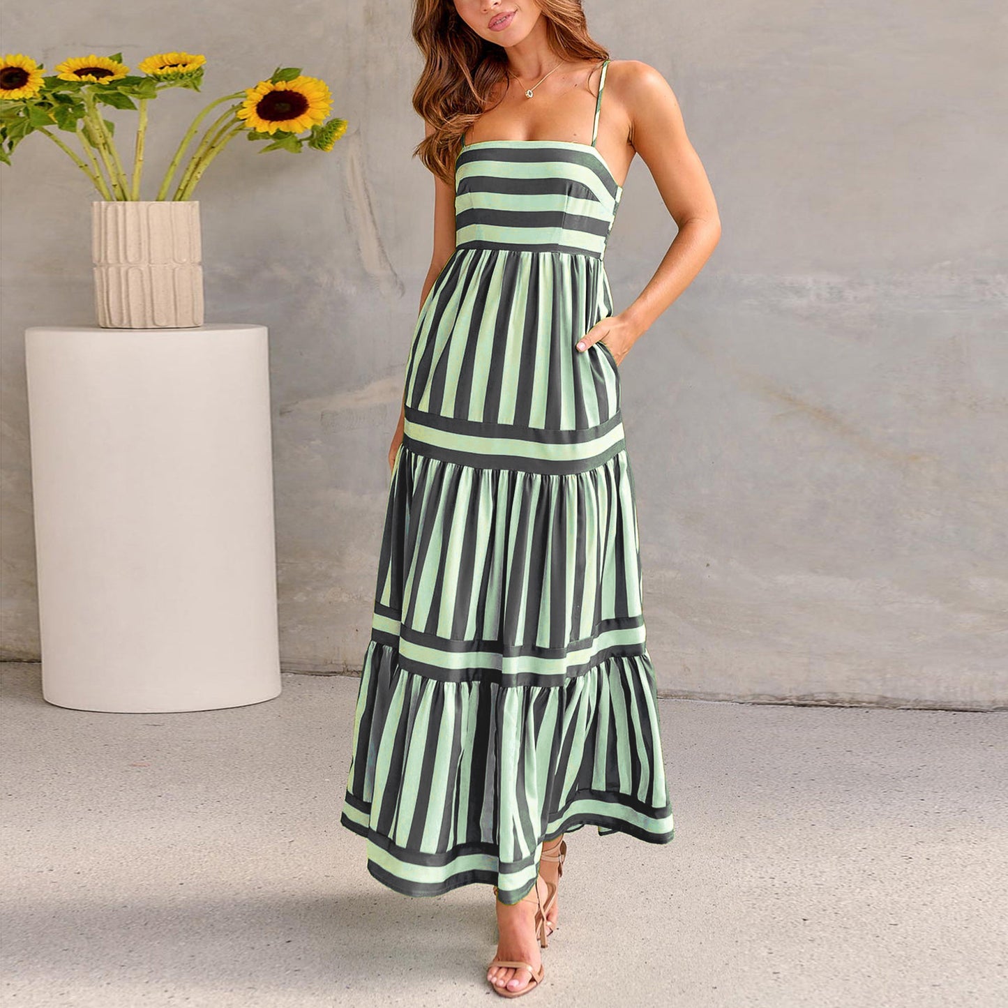 Robe Longue Imprimée Rayée | Poches Dos Nu | Ligne Soleil