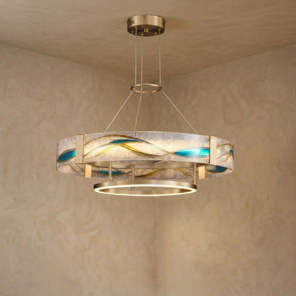 Lustre Suspension | Art Déco Laiton Brossé | LED Intégré, Câble Flottant