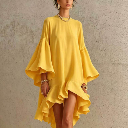 Robe Asymétrique Chiffon Polyester | Manches Bouffantes Bordure Froncée