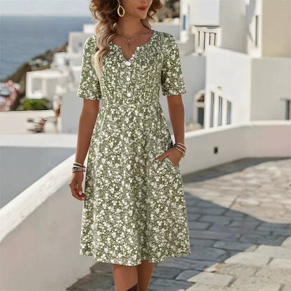 Robe Florale Robe Polyester | Col V Manches Courtes | Série Éclat