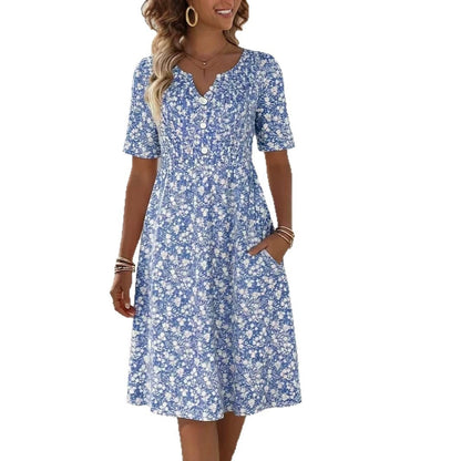 Robe Florale Robe Polyester | Col V Manches Courtes | Série Éclat