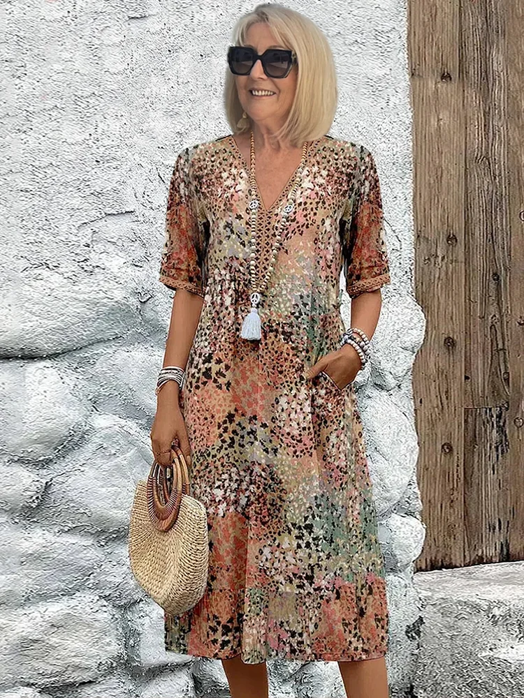 Robe d'été Décolleté V Imprimé Floral | Longueur Genou Poches Latérales