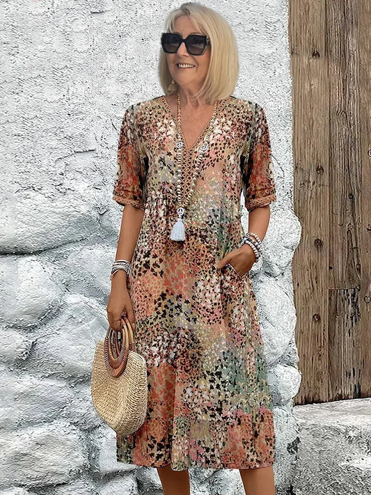 Robe Florale Midi Viscose-Coton|Couvrement ventre flatteur Floral|Ligne Elegance