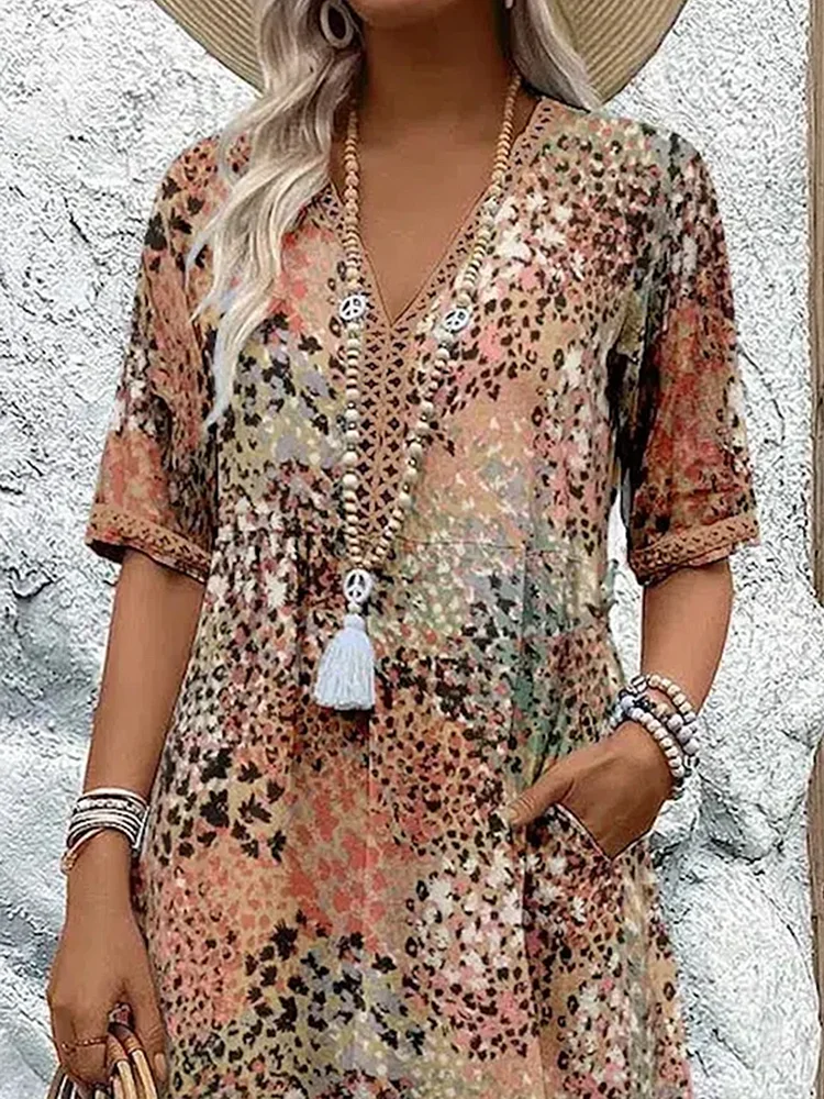 Robe d'été Décolleté V Imprimé Floral | Longueur Genou Poches Latérales
