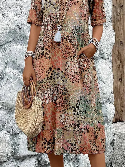 Robe Florale Midi Viscose-Coton|Couvrement ventre flatteur Floral|Ligne Elegance