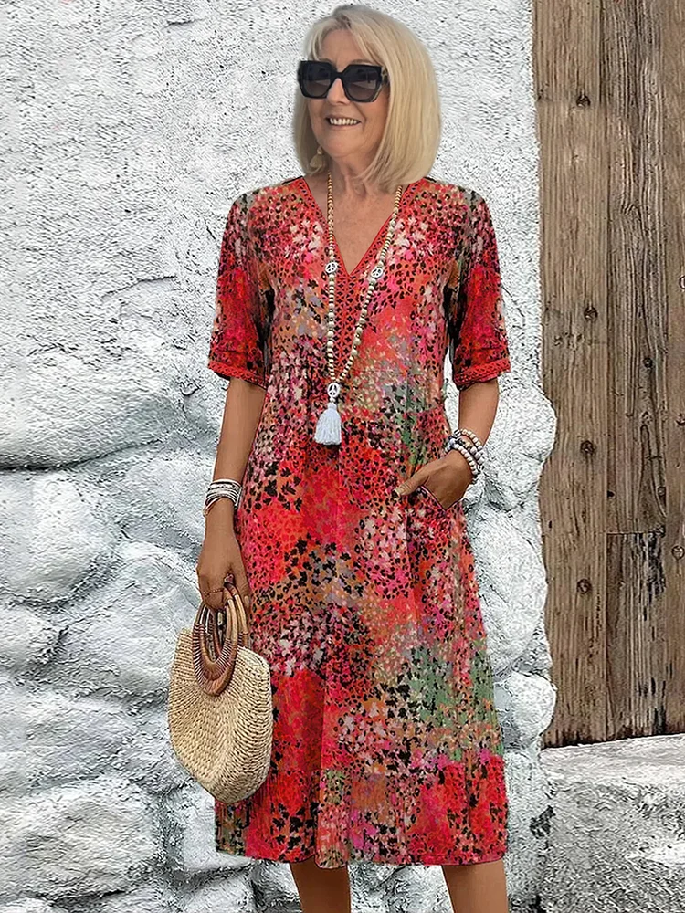 Robe d'été Boho Floral | Décolleté V Motif Intégral
