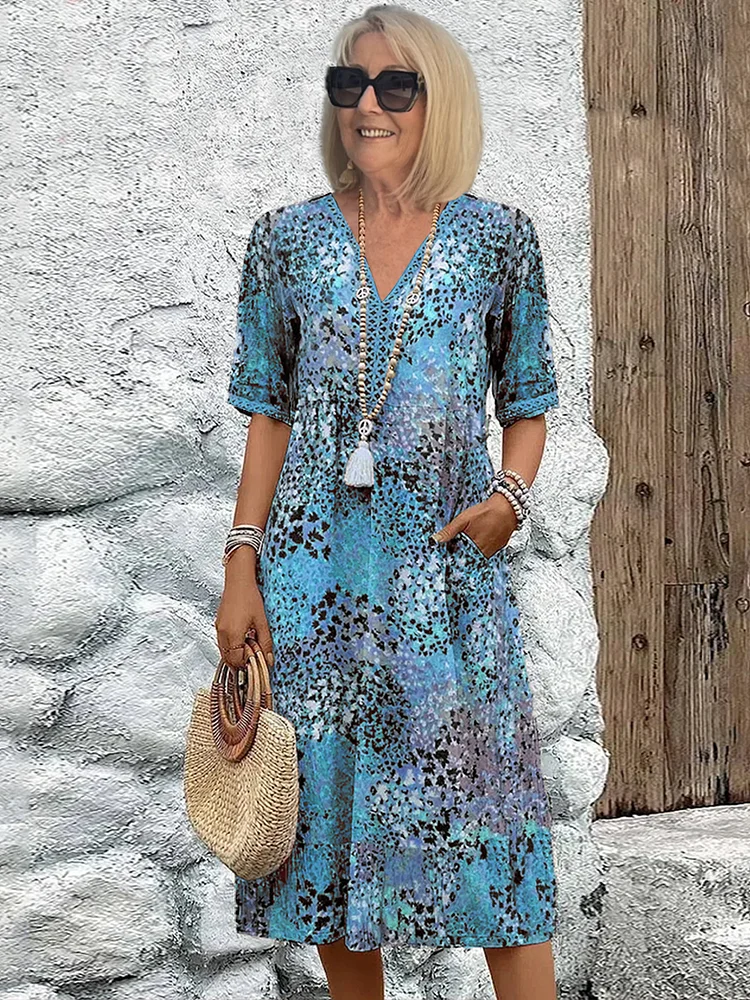 Robe d'été Décolleté V Imprimé Floral | Longueur Genou Poches Latérales
