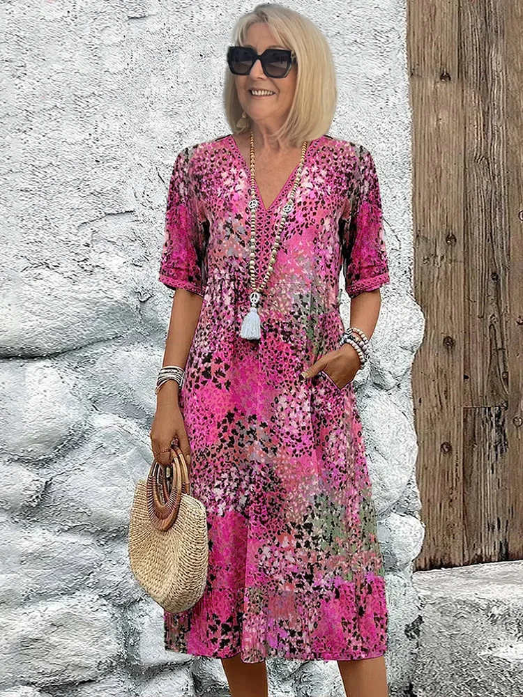 Robe d'été Décolleté V Imprimé Floral | Longueur Genou Poches Latérales