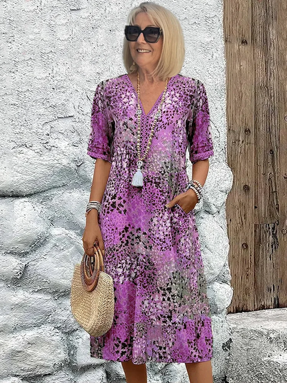 Robe d'été Décolleté V Imprimé Floral | Longueur Genou Poches Latérales