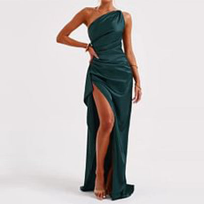 Robe Sexy Satin À Une Épaule Dos Nu Fendue | Ajustée Élégante | Ligne Éclipse