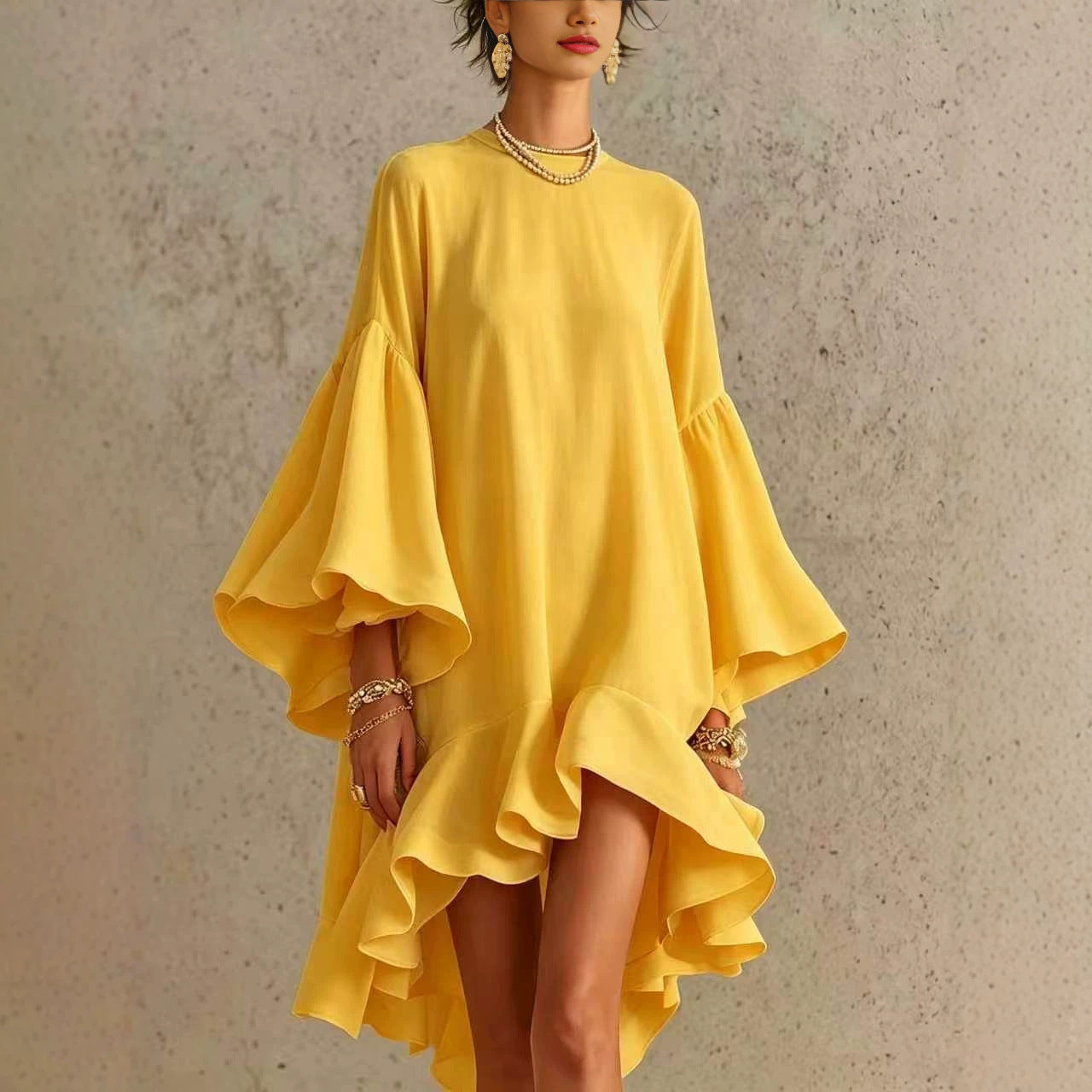 Robe Asymétrique Chiffon Polyester | Manches Bouffantes Bordure Froncée