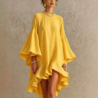 Robe Asymétrique Chiffon Polyester | Manches Bouffantes Bordure Froncée