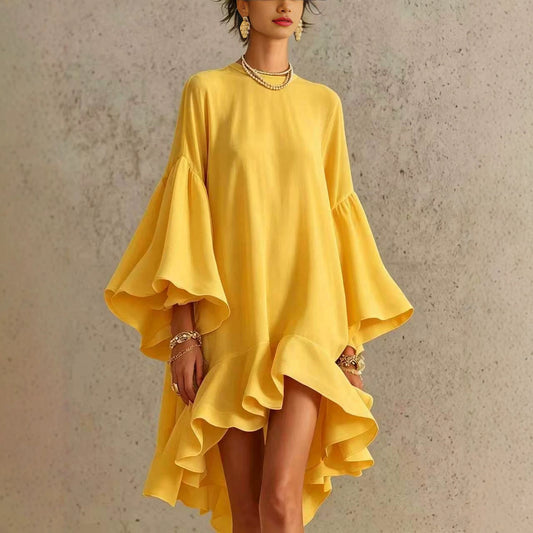 Robe Asymétrique Chiffon Polyester | Manches Bouffantes Bordure Froncée