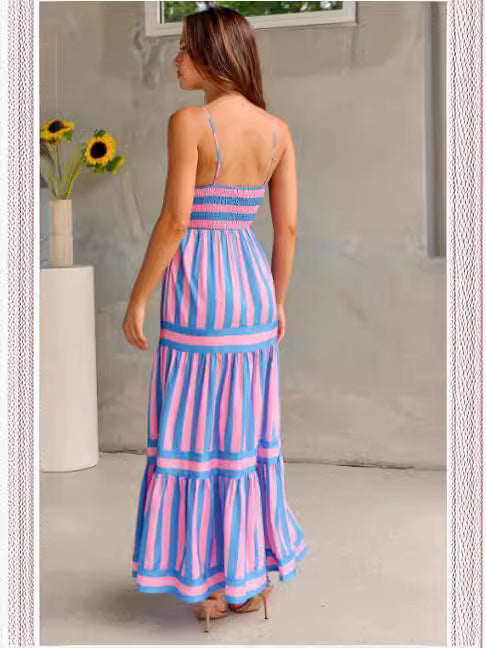Robe Longue Imprimée Rayée | Poches Dos Nu | Ligne Soleil