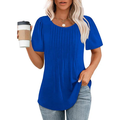 Élégance estivale T-shirt Jersey coton | Col rond & Détails plissés | Soleil