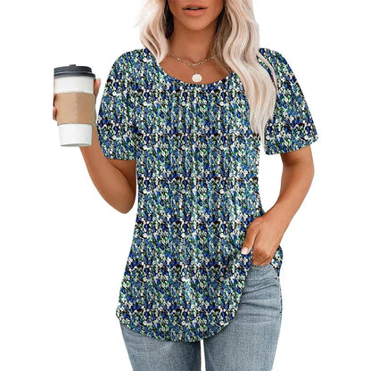 Élégance estivale T-shirt Jersey coton | Col rond & Détails plissés | Soleil