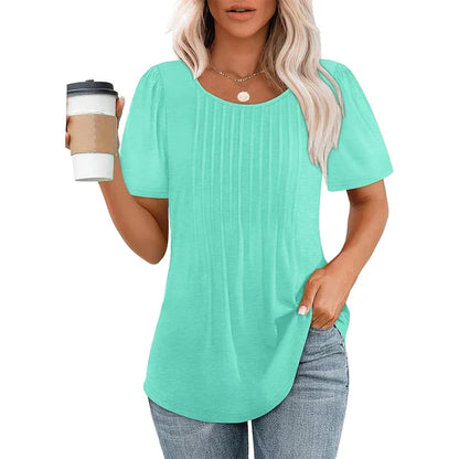 Élégance estivale T-shirt Jersey coton | Col rond & Détails plissés | Soleil