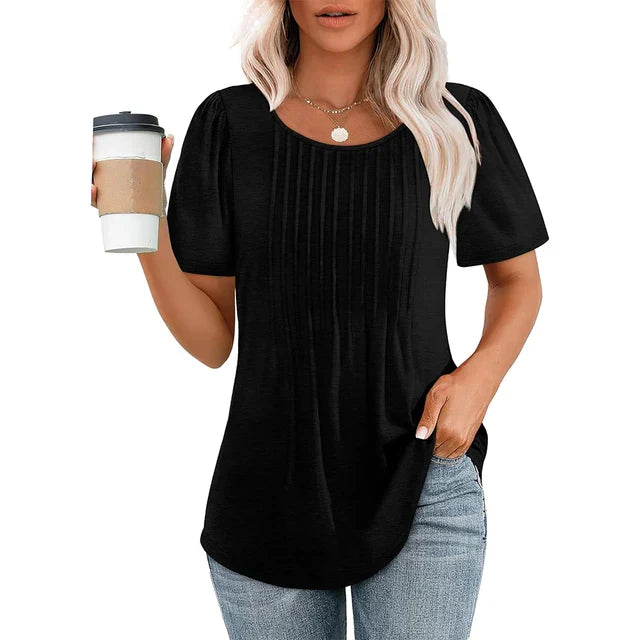 Élégance estivale T-shirt Jersey coton | Col rond & Détails plissés | Soleil