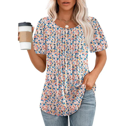 Élégance estivale T-shirt Jersey coton | Col rond & Détails plissés | Soleil