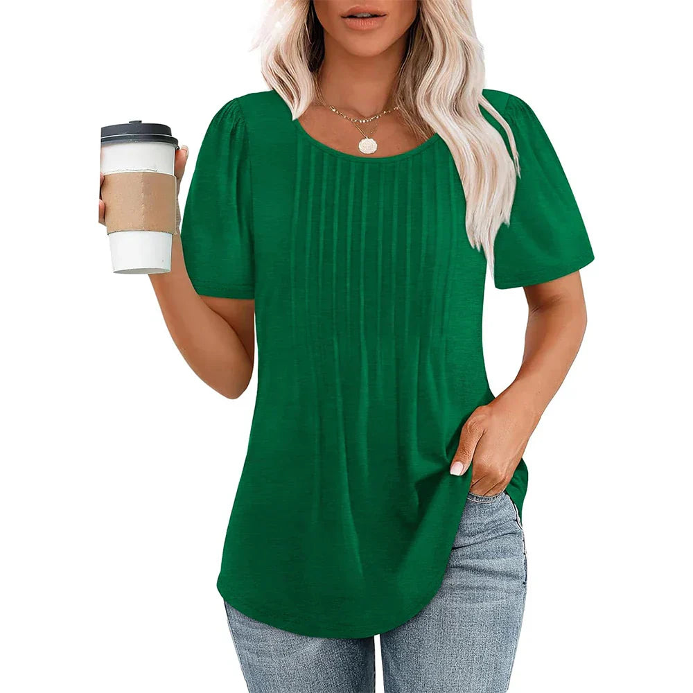 Élégance estivale T-shirt Jersey coton | Col rond & Détails plissés | Soleil