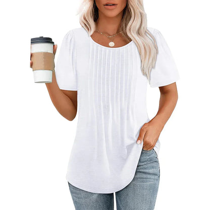 Élégance estivale T-shirt Jersey coton | Col rond & Détails plissés | Soleil