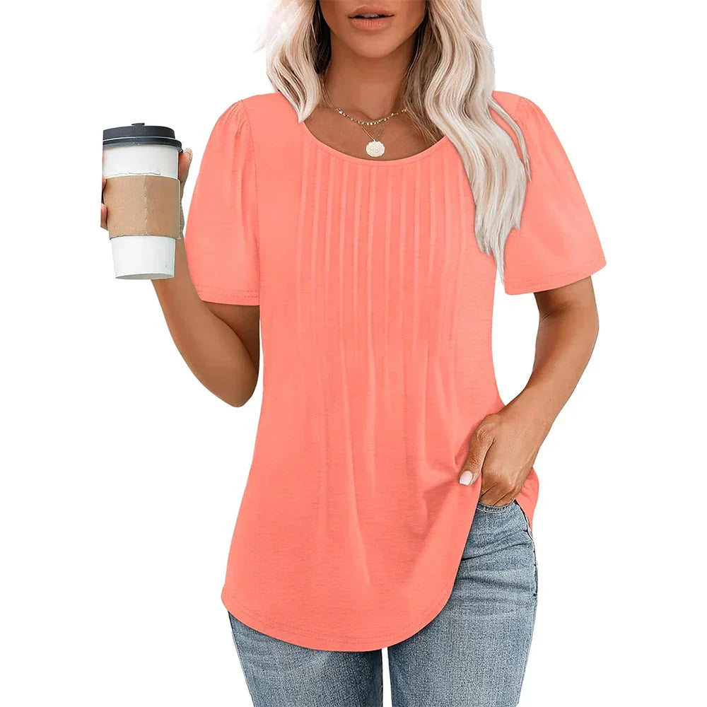 Élégance estivale T-shirt Jersey coton | Col rond & Détails plissés | Soleil