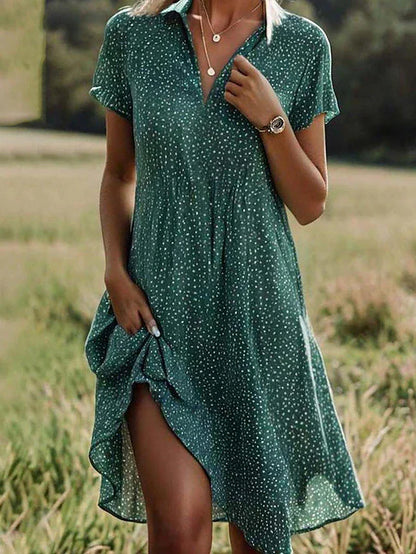 Robe Pois Col Chemise Estivale Décontractée | Manches Courtes Silhouette Fluide