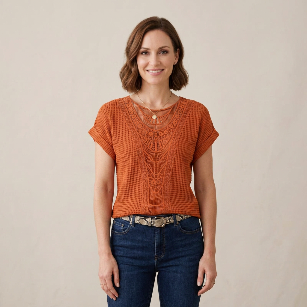 Blouse en dentelle fine pour femme, coloris Orange, porté mannequin