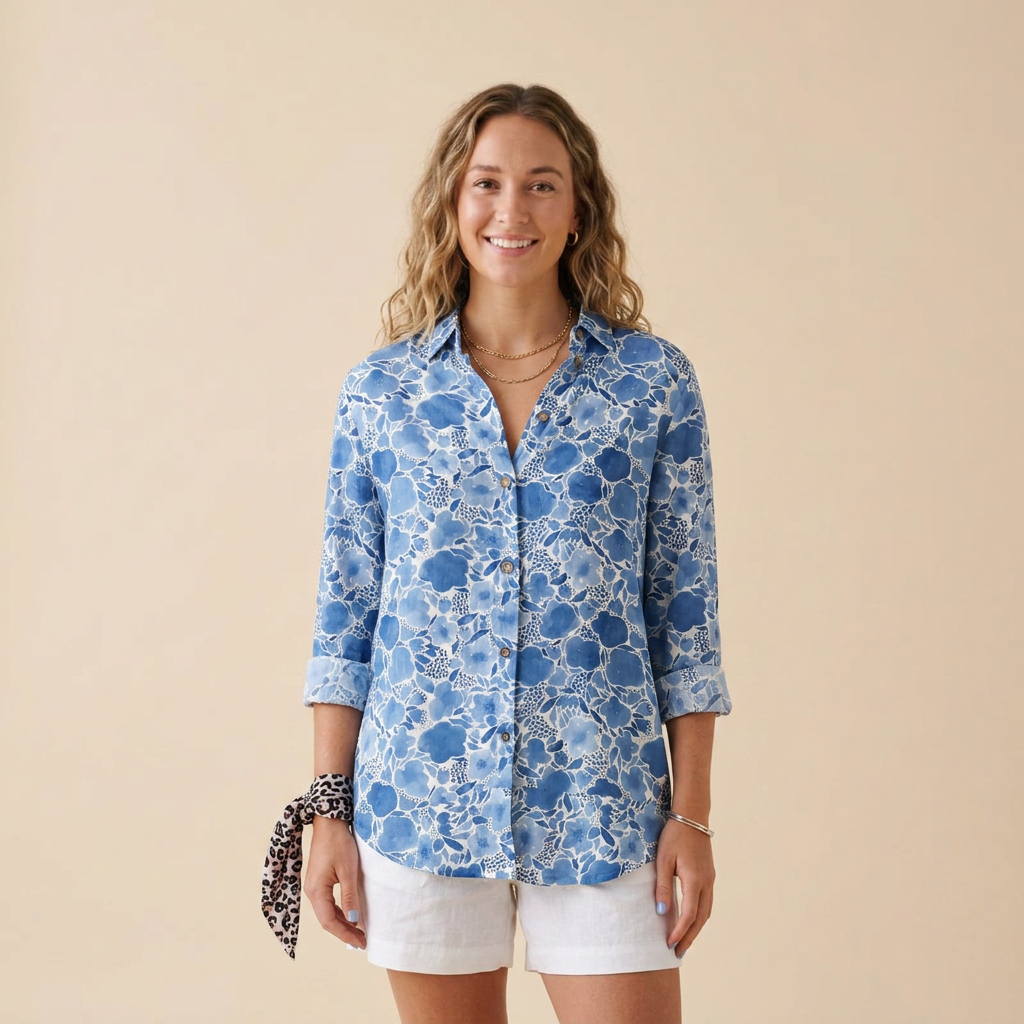 Chemise fluide imprimée viscose, imprimé Fleur bleu foncé, porté mannequin