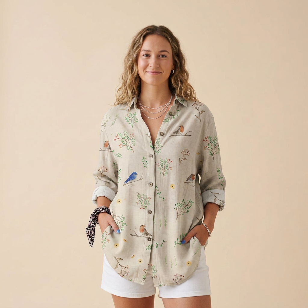 Chemise fluide imprimée viscose, imprimé Oiseaux, porté mannequin