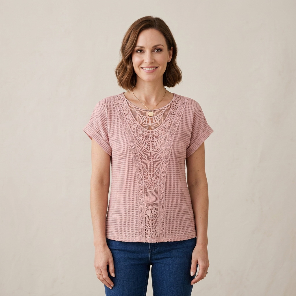 Blouse en dentelle fine pour femme, coloris Rose, porté mannequin