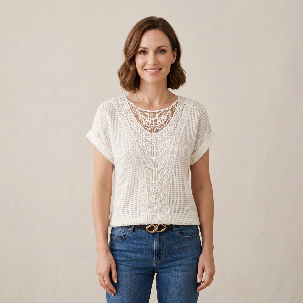 Blouse en dentelle fine pour femme, coloris Blanc, porté mannequin