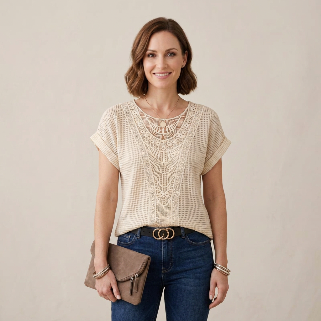 Blouse en dentelle fine pour femme, coloris Beige, porté mannequin