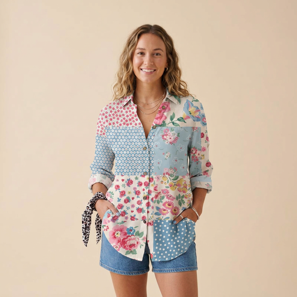 Chemise fluide imprimée viscose, imprimé Fleur bleue, porté mannequin