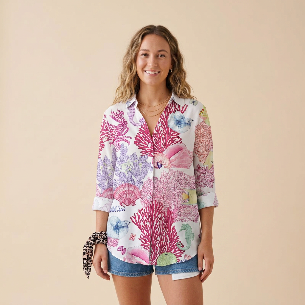 Chemise fluide imprimée viscose, imprimé Animaux marins roses, porté mannequin